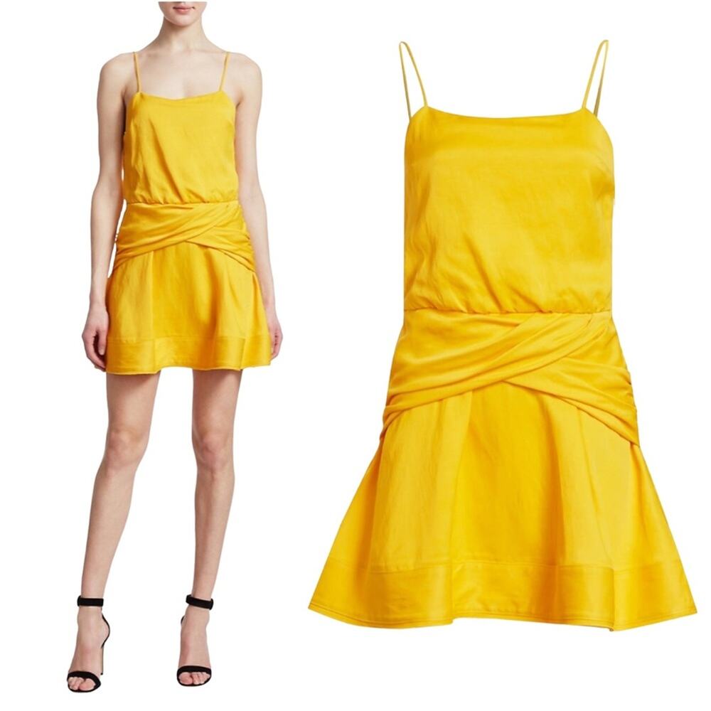 New Derek Lam 10 Crosby Drop Waist Cami Flounce Yellow Mini Dress Size 12